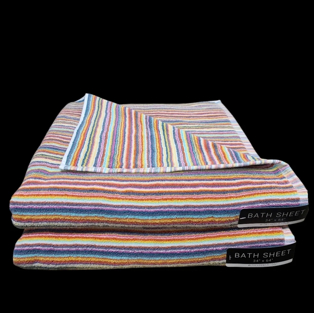 2pc Rachel Zoe Cotton Rainbow Striped Multicolored Bath Sheet / Beach Towel Set